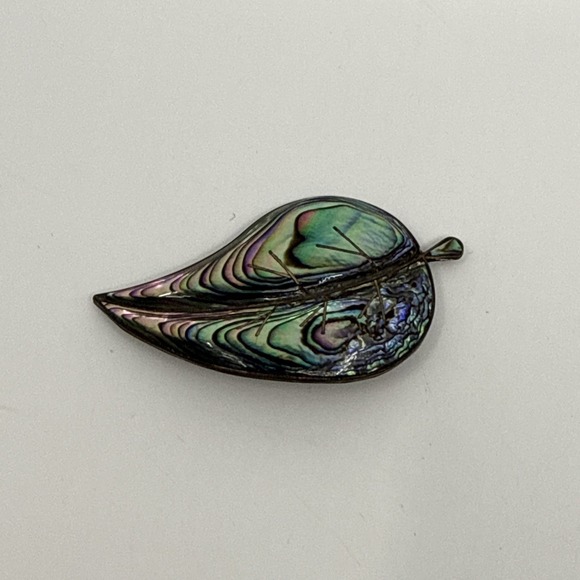 The Unbranded Brand Jewelry - Vintage ASM Mexico Cuernavaca Leaf Abalone Shell Inlay Sterling Silver Brooch